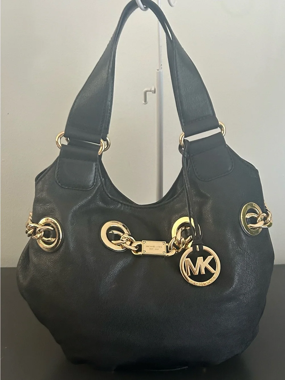 Michael Kors Black Pebbled Leather Gold Chain Grommet Hobo Shoulder Bag